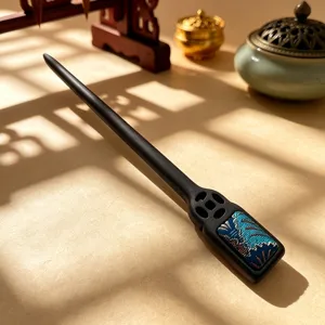 Chinese style wooden hair stick with blue brocade inlay, elegant retro Hanfu hair accessory.