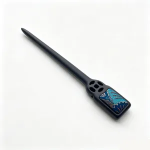 Traditional Chinese wooden hair stick with blue brocade and coin hollow design for Hanfu