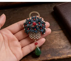 Vintage Enamel Flower Basket Brooch Elegant Cheongsam Pin Tassel Dress Accessories