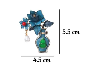 Vintage Chinese style enamel vase brooch with gourd and pearl pendant, elegant accessory.