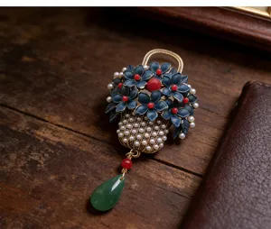 Vintage enamel flower basket brooch with pearls red beads and jade tassel for cheongsam.