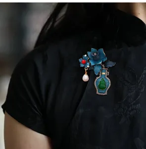 Vintage Chinese style enamel flower vase brooch, exquisite traditional gourd design detail.