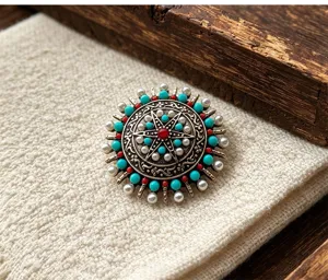Broche soleil style ethnique tibétain vintage alliage turquoise épingle accessoire femme