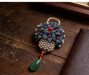 Exquisite retro enamel flower basket brooch detail, vintage blue floral pins with green tassel.