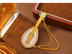 Broche de laúd vintage con borlas, pin de metal dorado con perlas y estrás para mujeres.
