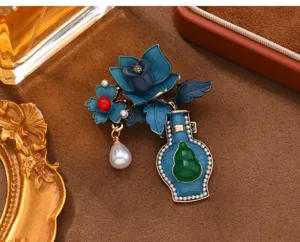 Vintage Chinese style enamel flower vase brooch with gourd pearl pendant for hanfu dress pin.