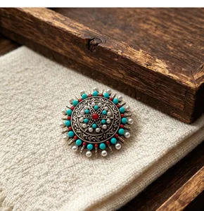 Vintage tibétain style ethnique soleil broche alliage turquoise perle épingle femme
