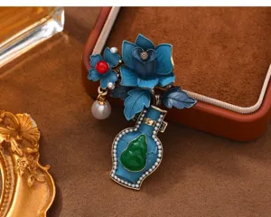 Retro Chinese style blue enamel vase brooch with gourd pendant for Hanfu qipao dress decor