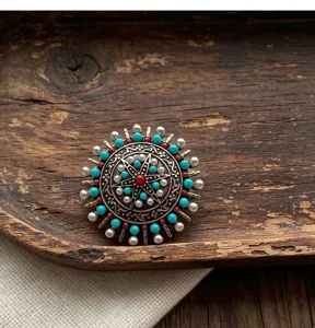 Broche soleil style ethnique tibétain vintage alliage turquoise synthétique bijou vêtement