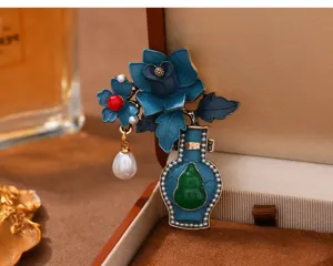 Retro Chinese style blue enamel vase brooch with pearl gourd pendant for Hanfu Qipao dress