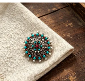 Broche soleil style ethnique tibétain vintage alliage turquoise perle accessoire vêtement