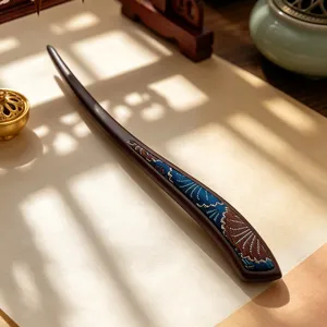 Chinese wooden hairpin with vintage brocade wave pattern, elegant Hanfu hair accessory.