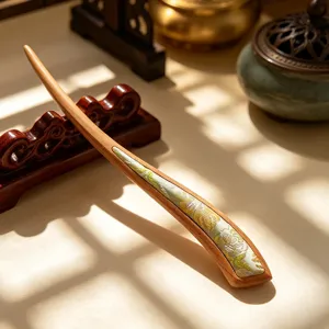New Chinese style wooden hairpin with faux brocade wave pattern for Hanfu and Cheongsam.