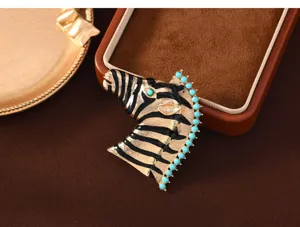 Vintage retro style zebra brooch metal enamel turquoise bead animal pin coat accessory