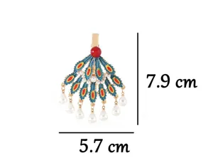 Dunhuang style peacock feather hair clip, elegant Chinese hair accessory with pearl tassels.
