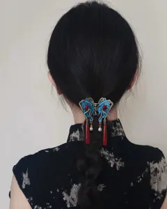 Chinese style blue butterfly hair claw with elegant tassels, vintage hair accessory for women.