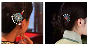 Traditional Chinese style peacock feather hair clip set elegant retro Hanfu accessories