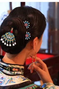 Stunning Dunhuang style Chinese hair clip set featuring peacock feather and floral design.