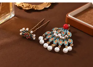 Dunhuang Chinese style peacock feather hair clip and hairpin set with red blue enamel pearls.