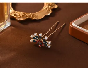 Chinese style metal hair fork with enamel and faux pearls elegant vintage bun pin for women