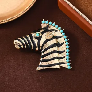 Vintage Zebra Brooch Turquoise Enamel Metal Animal Pin Dress Coat Suit Scarf Jewelry