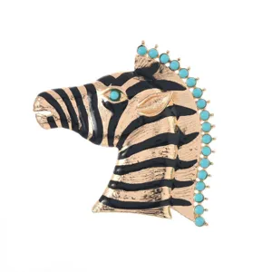 Vintage zebra brooch with black enamel and blue faux turquoise beads, elegant metal animal pin.