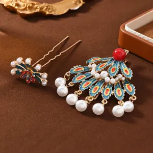 Traditional Chinese Style Peacock Feather Hair Clip And Hair Fork Vintage Dunhuang Enamel Artificial Pearl Tassel Hair Pin Elegant Hanfu Hair Accessories
