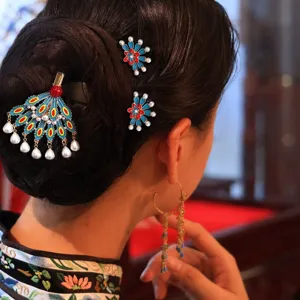 Vintage Dunhuang style peacock feather hair clip set Chinese traditional hair accessories