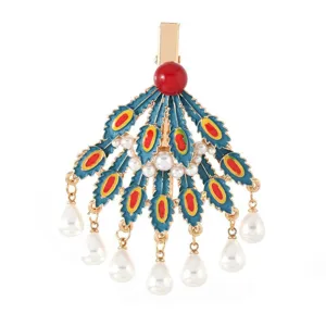 Dunhuang style peacock feather hair clip with pearls and enamel, elegant side duckbill clip.