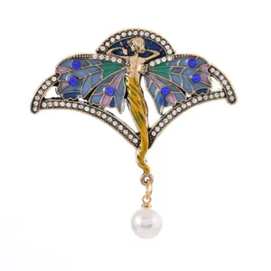 Vintage geëmailleerde elfje broche met kristal en parel, elegante jas pak accessoire.