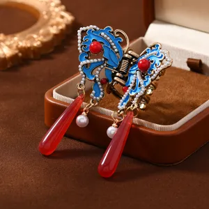 Chinese Palace Style Cloisonné Enamel Butterfly Fan Hair Claw Clip Long Tassel Artificial Pearl Enamel Alloy Hairpin Retro Headwear