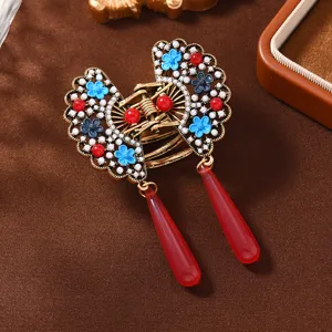 Chinese style blue enamel butterfly hair claw clip elegant tassel hair accessory