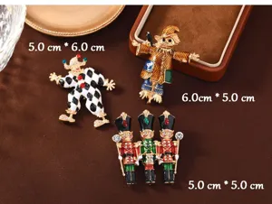 Vintage enamel jester scarecrow nutcracker brooch pin, retro decorative coat lapel badge.