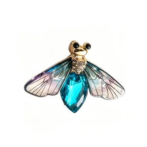 Vintage Gradient Cicada Wing Insect Brooch Blue Crystal Gold Metal Coat Suit Pin Accessory