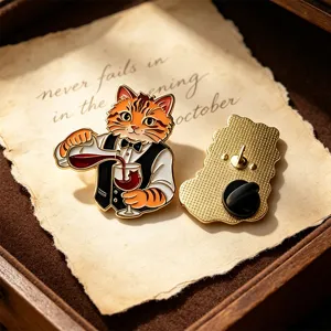 Vintage cartoon cat bartender enamel pin cute animal brooch badge for clothing bags