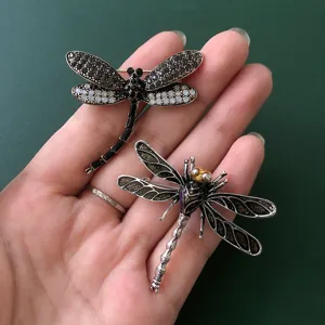 Vintage rhinestone dragonfly brooch set, elegant enamel insect pin for women sweaters.