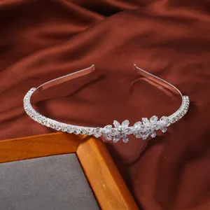 Silver rhinestone thin headband with sparkling zircon flowers for elegant daily hair styling.