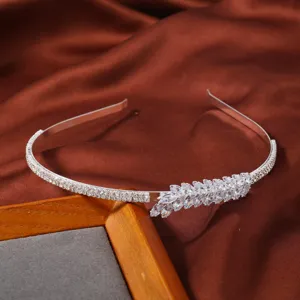 Silver rhinestone hair hoop with crystal leaf side accent elegant sparkling bridal hair accessory