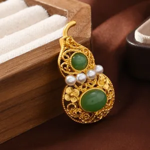 Spilla zucca di giada vuota oro opaco stile cinese retro cheongsam Hanfu corsage