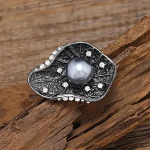 Vintage lotus leaf pearl brooch, retro silver metal finish with crystal rhinestones for chic coats.