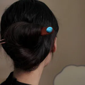 Red sandalwood turquoise hair fork elegant u-shaped vintage hair pin for women daily wear