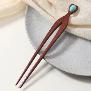 Elegant red sandalwood U-shaped hair stick with turquoise inlay, simple vintage hair accessory.