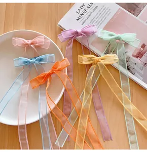 Elegante Organza-Schleifen-Haarspangen mit langen Bändern für Mädchen, buntes 6er-Set.