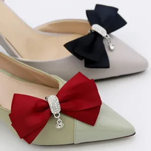 Elegant Alloy Satin Bowknot Shoe Clips Rhinestone Inlaid Handmade 3D Bow Shoe Charms For High Heels Bridal Wedding Party Decoration Women Accessories