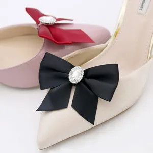 Elegant satin bow shoe clips with sparkling rhinestones for wedding and bridal pumps