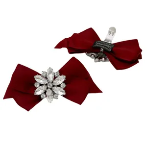 Elegant red satin bow shoe clips with sparkling rhinestone flower for bridal shoes