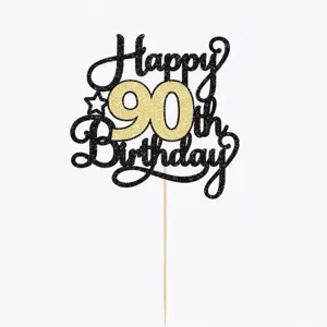 Vue détaillée de la décoration de gâteau Happy 90th Birthday en paillettes noires
