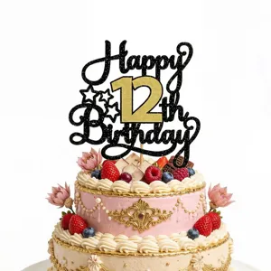 Décoration de Gâteau Joyeux Anniversaire Paillettes Or Noir Double Couche Chiffres Étoiles Accessoires de Fête