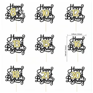 Décorations de gâteau d'anniversaire pailletées noir et or avec divers chiffres pour fête