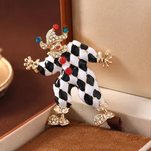 Vintage black and white enamel jester brooch with colorful rhinestones, exquisite coat pin.